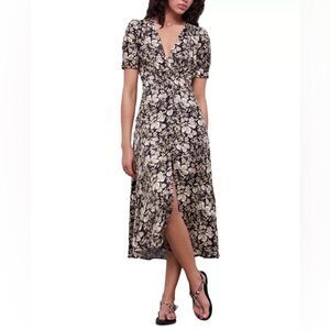 The Kooples Floral Twill Midi Dress Size 1 Black Beige Puff Sleeve Button Front